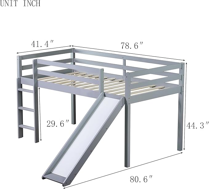 KEIKI Twin Size Low Loft Bed, Slide & Ladder, Guardrails, Rubber Wood, Grey