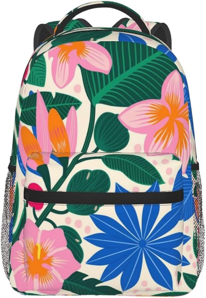 Daypack Anti-Theft Multipurpose Large Capacity Shoulder Bag, Abstract Colorful Plants And Flowers Travel Hiking Camping Rucksack With Smooth Zippers