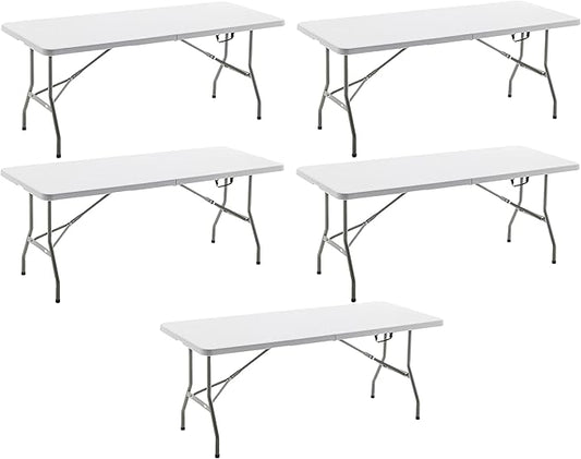 BTEXPERT Set of 5, Fold-in-Half Folding Table 6 Feet 72"x 29.5" Lightweight Portable Carrying Handle Indoor Outdoor Picnic Camping Office Home Party Wedding Event White