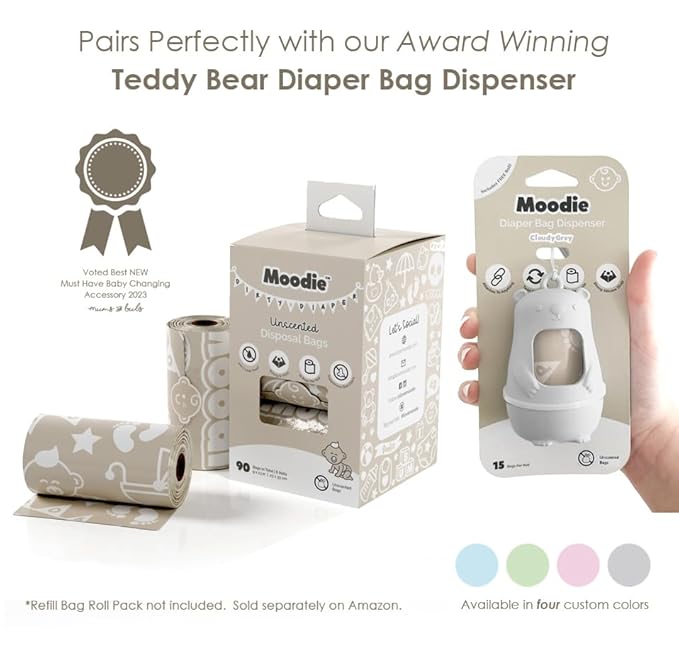 Teddy Bear Diaper Bag Dispenser | Trash Bags on the Go w/Silicone Strap | 15 Unscented Baby Poop Bags per Roll | Disposable Diaper Waste Bags (Cloudy Grey)