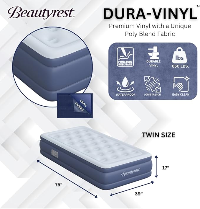 Beautyrest Supreme Air, Twin Size Air Mattress with Built-in Pump, Raised Inflatable Bed for Adults, Puncture-Resistant Vinyl, Auto Shut-Off, 650lb Support, Guest Bed, Camping Airbed, 3-Year Warranty