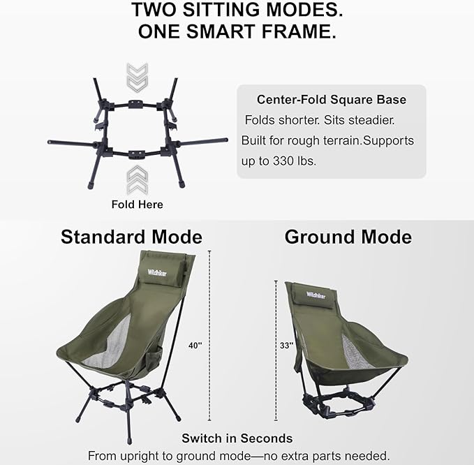 Wildhiker Portable High Back Folding Camping Chairs – Compact with Dual Sitting Modes, Pillow, Arm Pads and Side Pockets – Lightweight Chair for Motorcycle, RV, Festival, Travel – Green