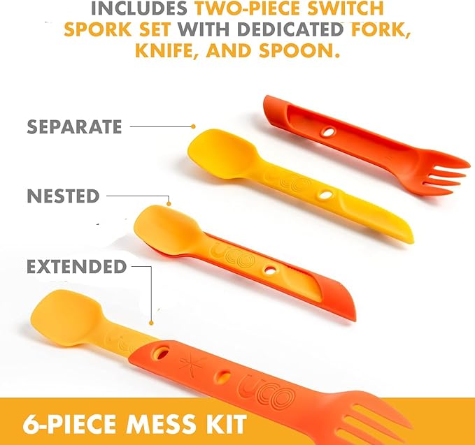 UCO 6-Piece Camping Mess Kit with Bowl, Plate, Camp Cup, and Switch Spork Utensil Set