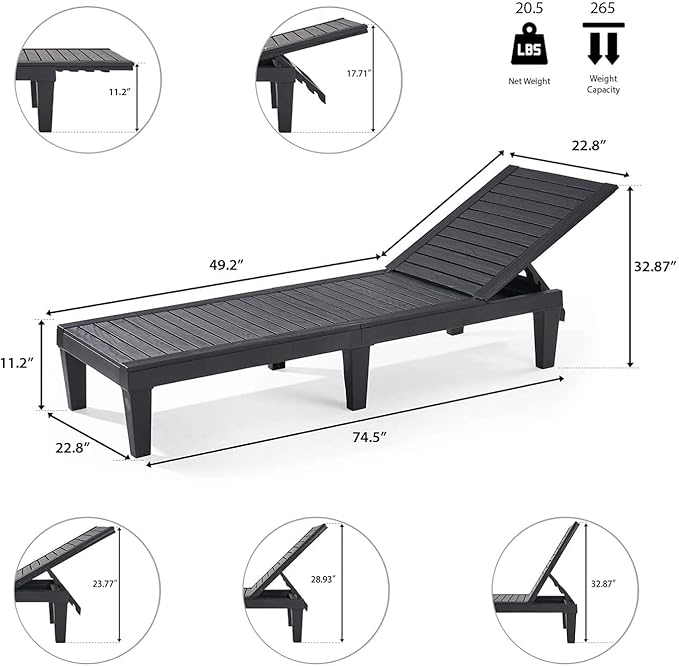 Nestl Patio Chairs - Black Chaise Lounge Chair Outdoor, 5-Position Adjustable Sun Tanning Chair, Waterproof Pool Lounge Chairs, Reclining Lawn Chair, Lightweight Outdoor Lounge Chairs