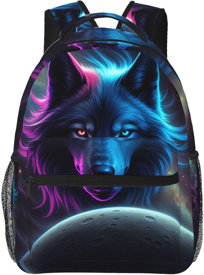 Rucksack Anti-Theft Multipurpose Big Capacity Carry On Bag, Pink And Blue Cool Wolf Moon Art Traveling Camping Backpack With Side Pockets
