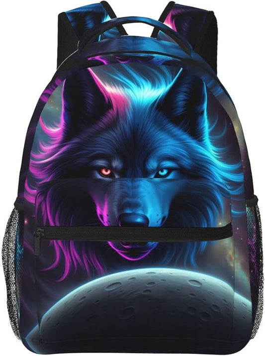 Rucksack Anti-Theft Multipurpose Big Capacity Carry On Bag, Pink And Blue Cool Wolf Moon Art Traveling Camping Backpack With Side Pockets