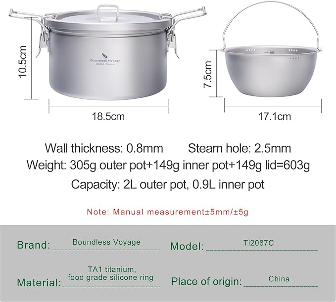 Boundless Voyage Titanium Pot Multifunctional Rice Cooker 2L+0.9L Pot Set Ultralight Outdoor Camping Cookware