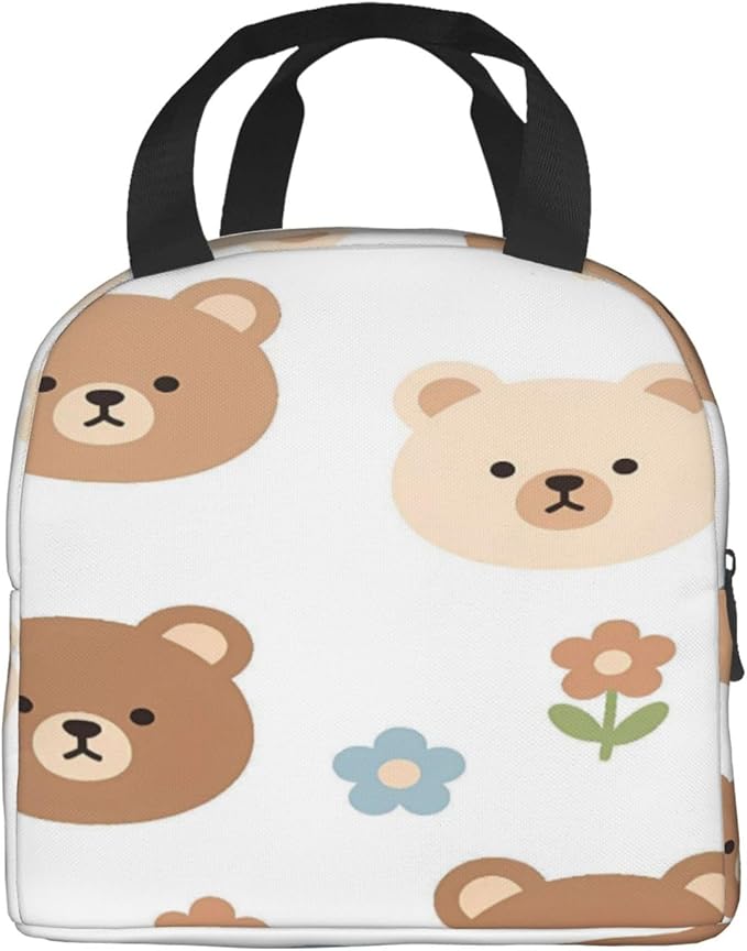 Cute cartoon bear faces flowers digital art Insulated Lunch Bag Oxford Cloth & Thick Foil Cooler Warmer Tote Waterproof Wear-Resistant with Front Pocket for Work Picnic Outdoor Travel