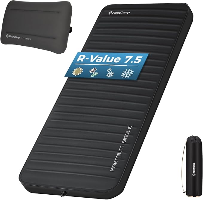 KingCamp Self Inflating Sleeping Pad, R 7.5 Air & Foam Sleeping Pad with Pillow, 3" Thick Single Camping Mattress for Camp Tent Outdoor Car, PVC Free (Black)