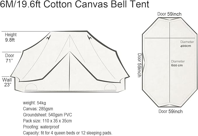 6M/19.6FT Extra Large Waterproof Cotton Canvas Camping Bell Tent with 3 Doors and 6 Windows for 8-12 Persons Camping Hiking Family Party Outdoor Hunting