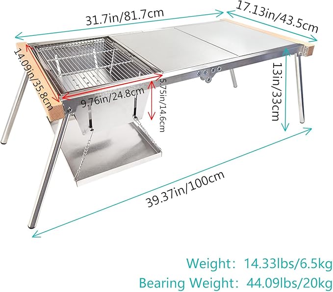 YBTMG 2-in-1 Folding IGT Camping Table with Charcoal Grill, 31.7x17.3" Stainless Steel Multifunctional BBQ Grill Desk for Garden Backyard Party Picnic Travel