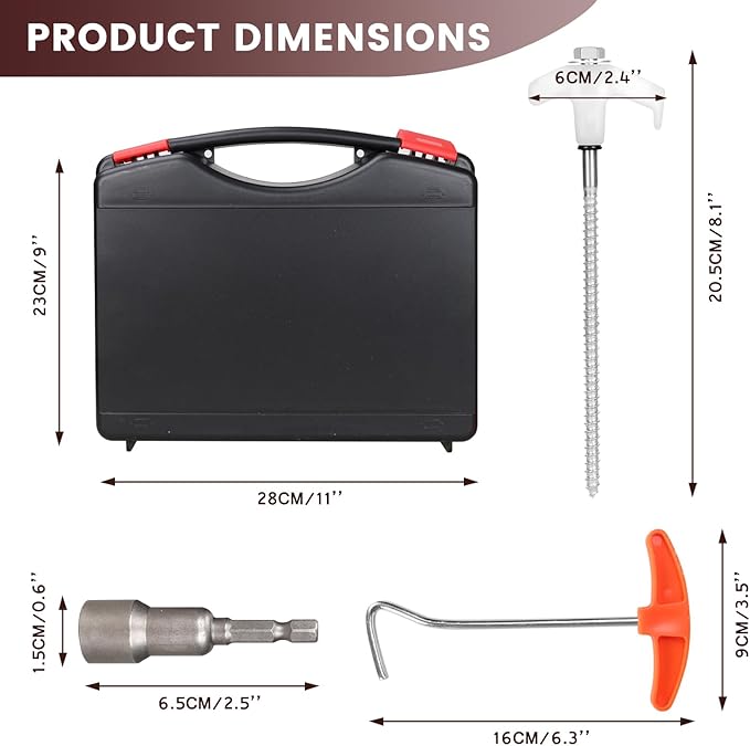 12 Pack Tent Stakes, 8" Ground Anchors Screw Drill in Heavy Duty Ground Pegs Camping Stakes Tent Pegs with Hex Head Driver, Spikes Puller, 4x10ft Rope and Storage Box