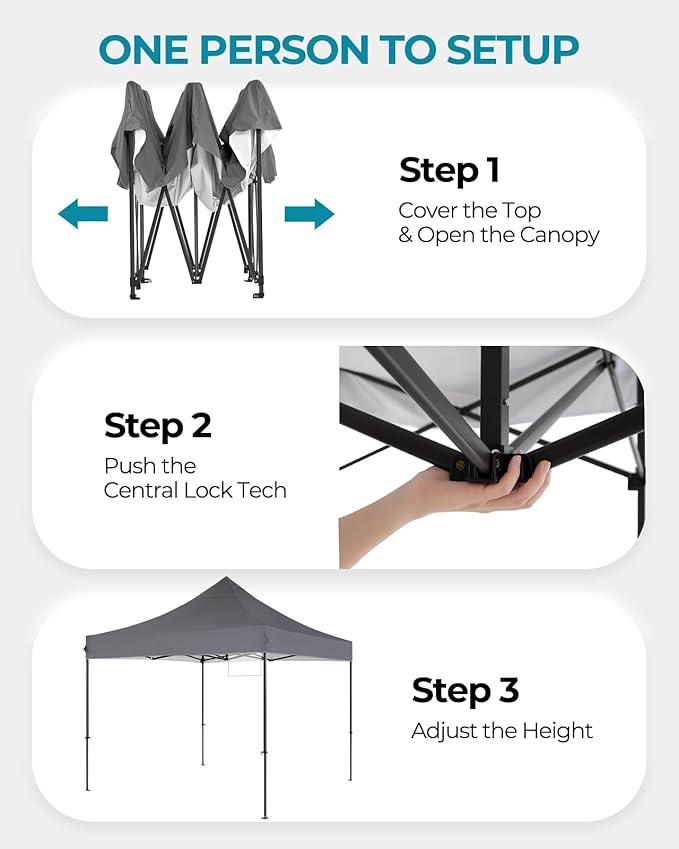 10x10 Pop Up Canopy with Wheeled Bag, Commercial Portable Canopy Tent, Easy Set Up, 4 Stakes & 4Sandbags & 4 Ropes, Waterproof Outdoor Shelter for Market, Parties, Grey