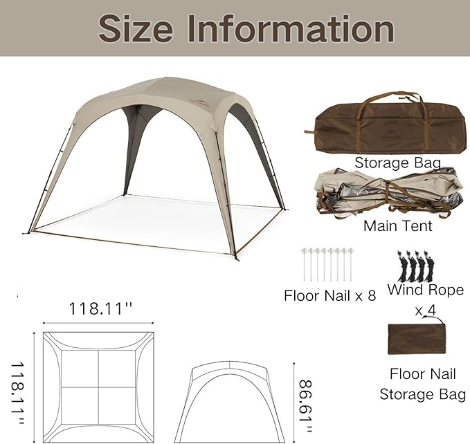 Naturehike Quarter/Hexagonal Camping Tent Canopy Sun Shade,Outdoor Tent for Camping,Fishing,Picnics, Canopy Available with Ground Cloth,Door Curtains (Tent Canopy, Large)