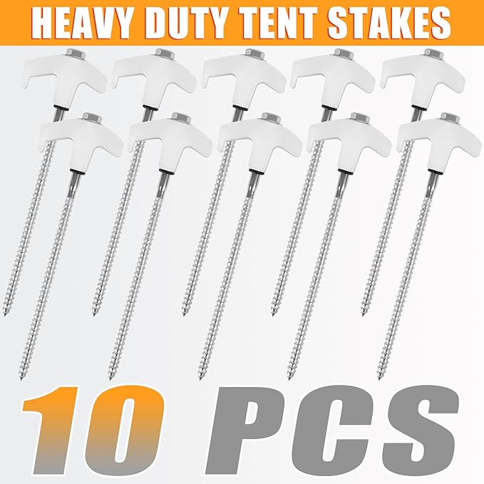 10 Pcs 8" Heavy Duty Drill Tent Stakes with Storage Bag, Glow-in-The-Dark Ground Anchor Peg, Metal Threaded Screw-in Tent Stake for Camping Swing Canopies with 1 Hex Nut Driver, Peg Puller