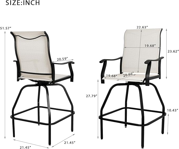 LEVELEVE Patio Bar Set 2pcs Swivel Bar Stools Outdoor Bistro Textilene Furniture Stability All-Weather Set (2, Beige Fabric)