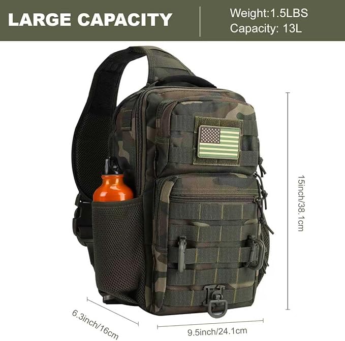 Rover Sling Pack Tactical Shoulder Sling Bag Backpack with Bottle Holder Crossbody Chest Bag, Woodland