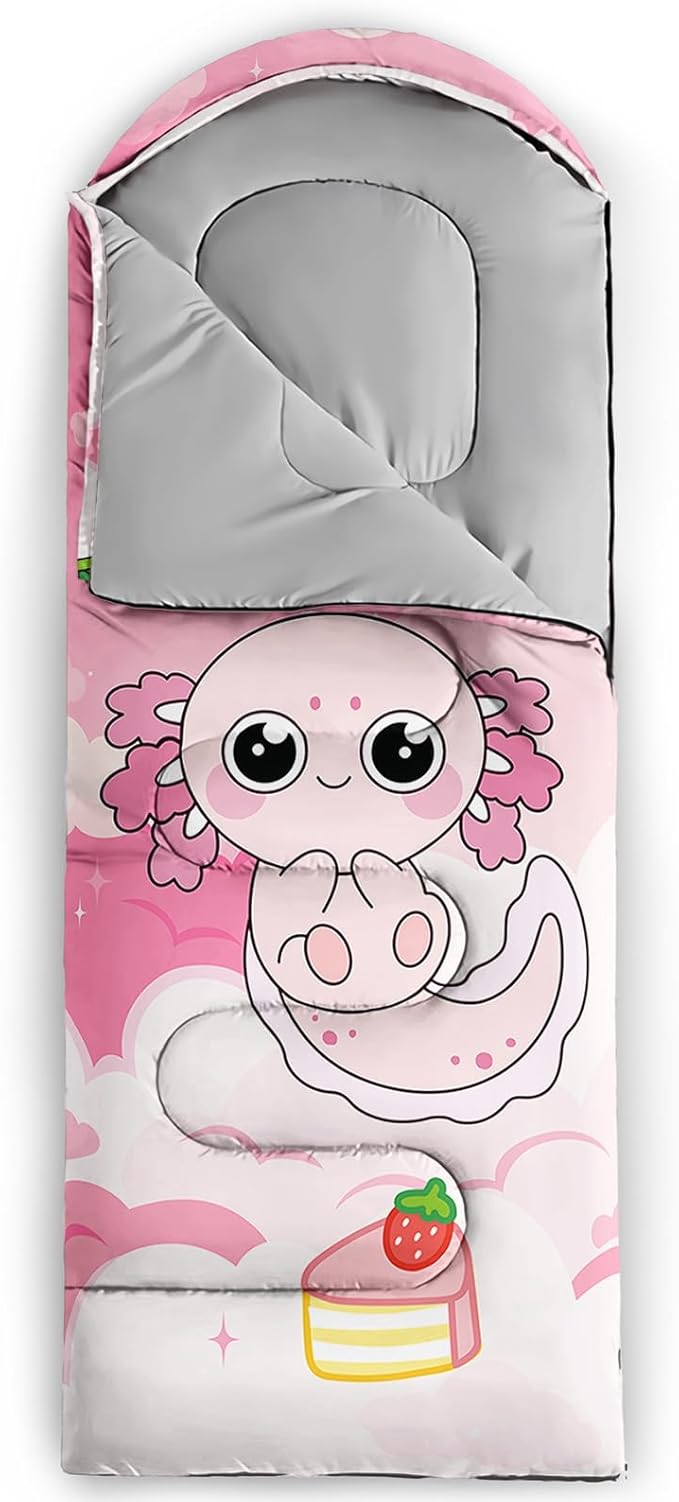 AILONEN Kawaii Puppy Sleeping Bag for Kids Boys Girls,Warm and Cool Weather,Lightweight,Waterproof Backpacking,Cartoon Cute Dog & Duck Animal Themed Blue Sleeping Bag for Camping