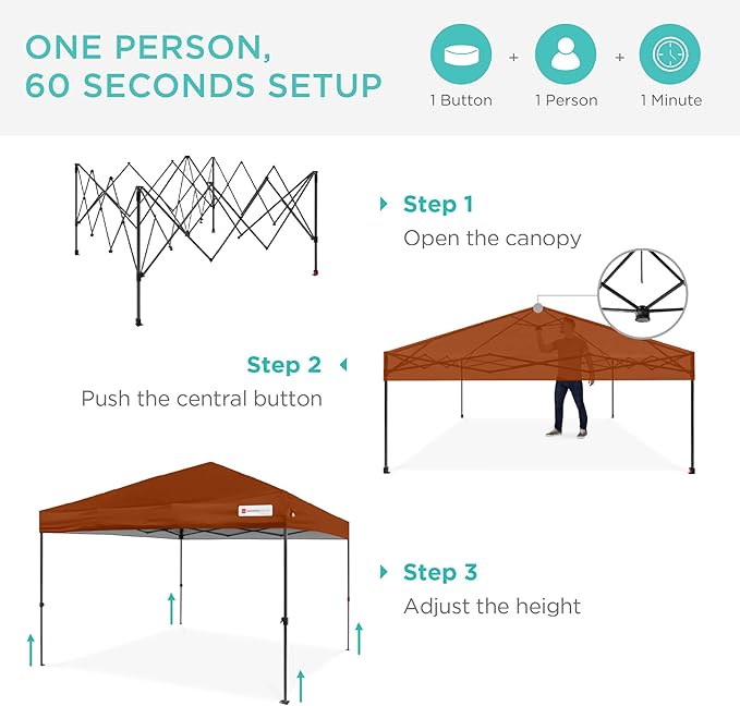 Best Choice Products 12x12ft Pop Up Canopy Tent, Outdoor Shade, 1 Person 1 Minute Set Up, Carry Case, 4 Weight Bags - Rust