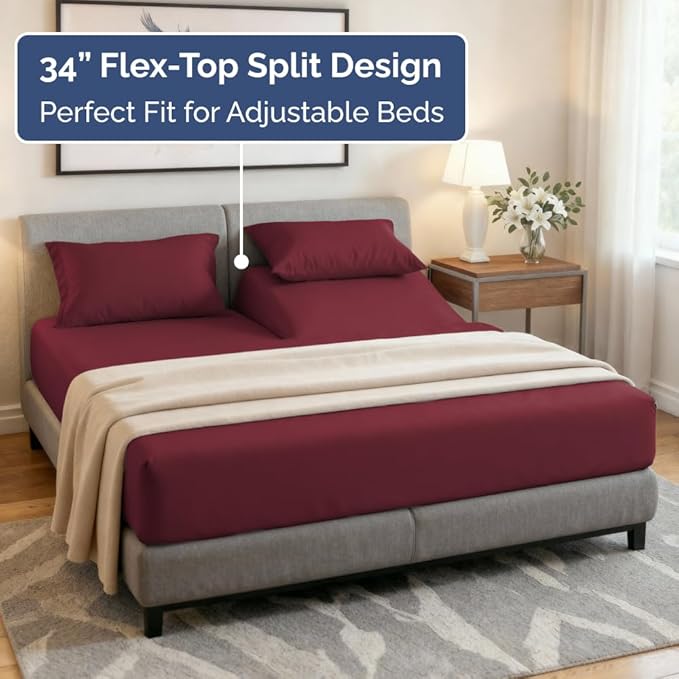 Flex Top Split Head King 4 Piece Sheet Set - Comfy Breathable & Cooling Bed Sheets Set - Hotel Luxury Bedding for Women, Men, Kids, Teens, Boys & Girls - Deep Pockets, Ultra-Soft - Oeko-Tex - Burgundy