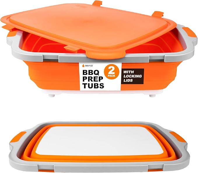 Drip EZ Collapsible BBQ Prep Tubs 2-Piece Set- For Meal Prep Marinating Food Storage - Includes Cutting Board & Lid - (2) XL - Orange