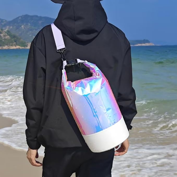 20L PVC Holographic Waterproof Dry Bag, Double Shoulder Strap Beach Swimming Backpack, Crossbody Waterproof Bucket Bag for Kayaking, Boating, and Outdoor Sports (20L)