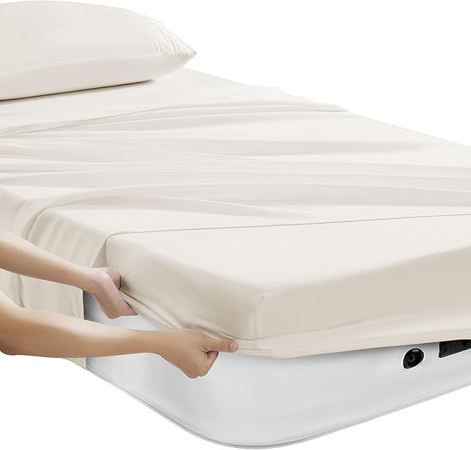 Camping Sheets Twin Size - Outdoor Air Mattress Sheet Set – Built-in Corner Straps for Air Mattress & Camping Use – Designed for Inflatable Beds & Tailgate Sleepovers, Ivory