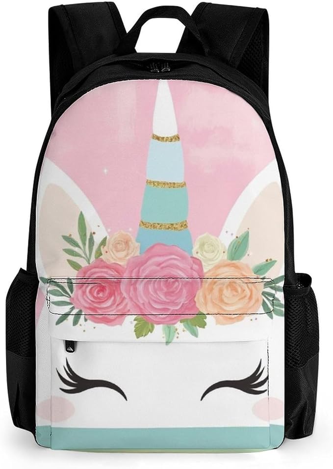 Rucksack Anti-Theft Multipurpose Large Capacity Carry On Bag, Pink Unicorns Face Travel Hiking Bag Day Pack With Side Pockets