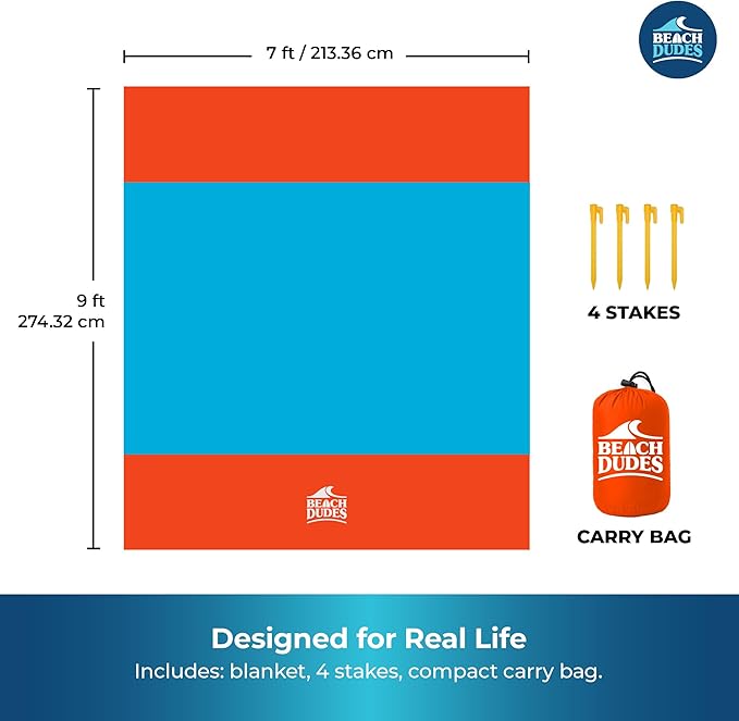 Sandproof Waterproof Beach Blanket Extra Large 108"x 84", Mat for Family, Quick Dry Ripstop Nylon Lightweight, Compact for Travel, Picnic, Camping w/ 4 Anchor Stakes and Carry Bag