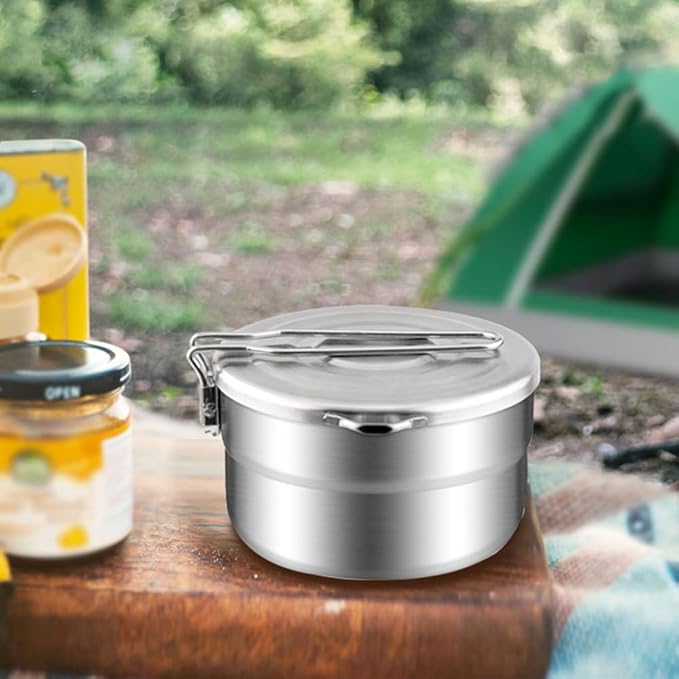 Lixada Stainless Steel Camping Cook Pot 1.5L with Lid and Folding Handle, Large Capacity Bento Pot for Outdoor Backpacking, Hiking, Picnic