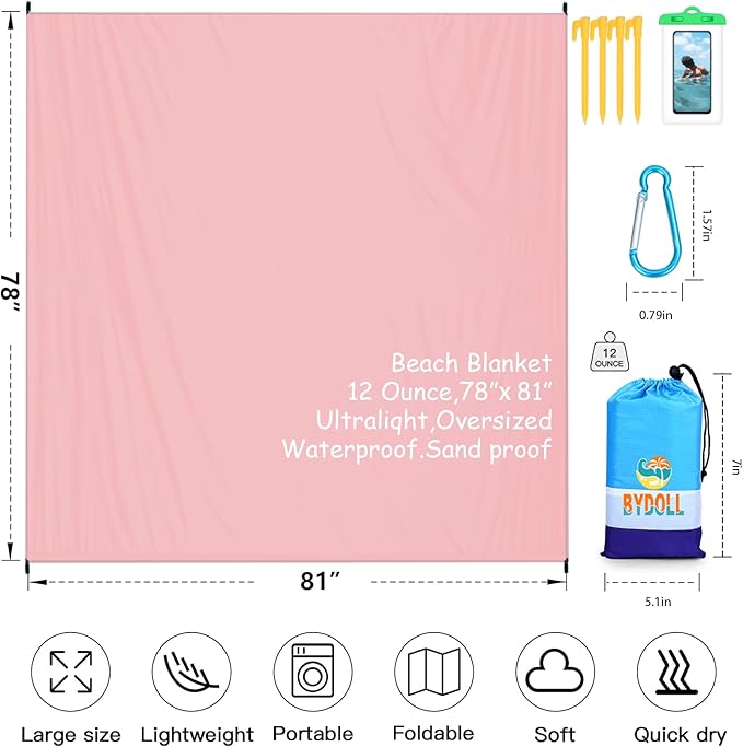 BYDOLL Beach Blanket Waterproof Sandproof Large 78''×81''/10'×9' Sand Free Oversized Sandless Picnic Mat Water Proof Packable Lightweight Blanket for Beach Camping Hiking Travel