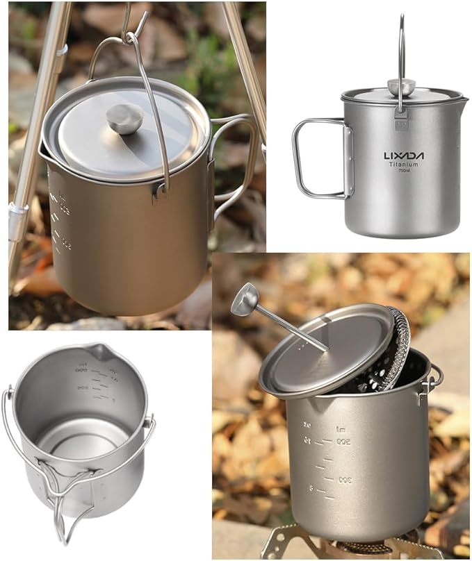 Lixada Titanium Cup Camping Coffee Mug 750ml Outdoor French Press Pot, Camp Cooking Pot, Coffee Maker with Lid, Multi-Functional Travel Mug for Outdoor Camping, Hiking, Picnic, Backpacking