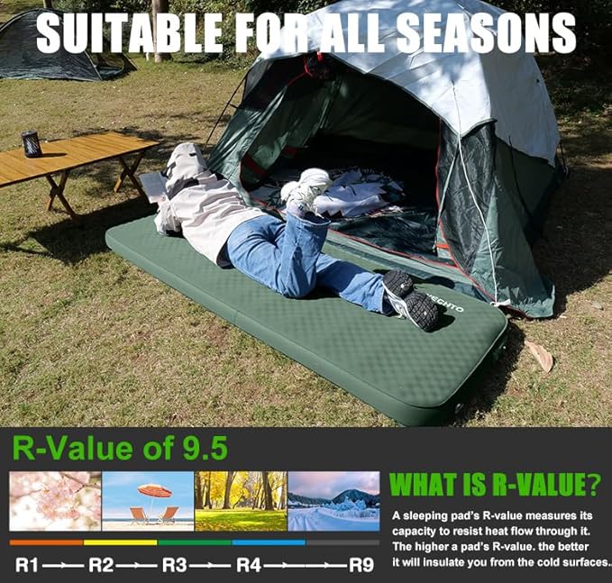 Self Inflating Sleeping Pad for Camping, 4" Extra-Thick Memory Foam Camping Mattress with Electric Pump, Fast Inflate & Deflate,9.5 R-Value Insulated Camping Pad for Car Travel Tent Cot, Green