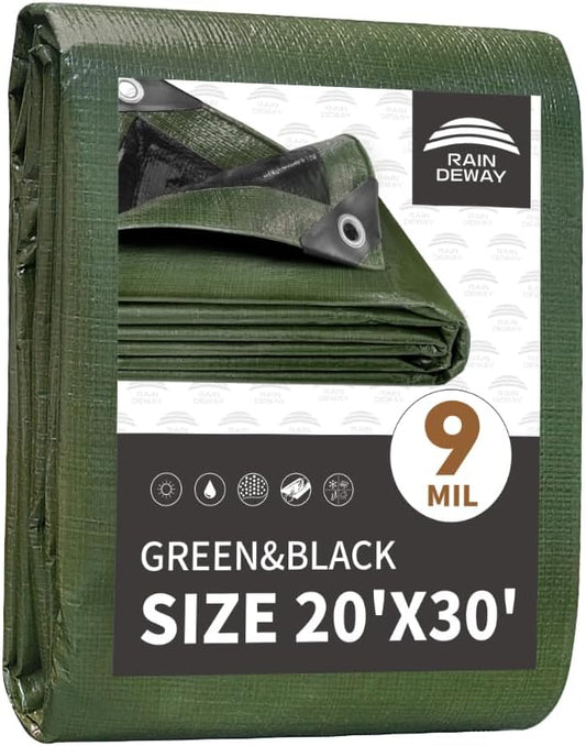 RAINDEWAY Tarps 20x30 Feet,Tarp Waterproof,9Mil Thick,Finished Size,Multipurpose Poly Tarp Cover with Metal Grommets and Reinforced Edges,Green/Black Tarpaulin
