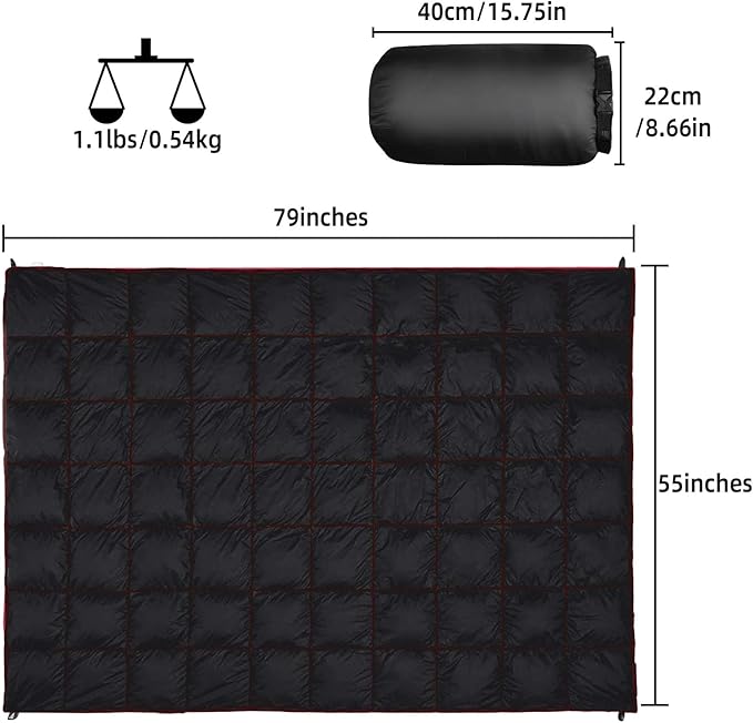 Outdoor Puffy Camping Blanket, Lightweight Down Alternative Puffy Printed Camping Large Ultra Warm Hammock Top Quilt Waterproof Blanket for Traveling Picnic Beach Party Cold Weather (Black)