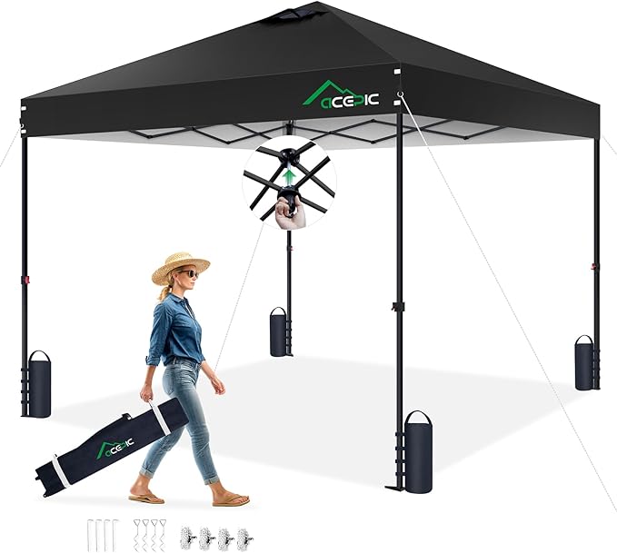 10x10 Pop Up Canopy Tent,300D Silver-Coating Top,Pop Up Canopy Tent Instant Portable Shelter with 1-Button Push and Wheel Carry Bag, 8 Stakes and 4 Upgrade Heavy Duty Canopy Weights (Black)