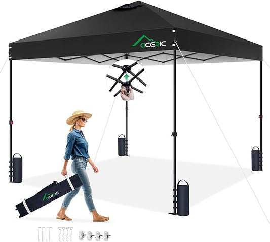 10x10 Pop Up Canopy Tent,300D Silver-Coating Top,Pop Up Canopy Tent Instant Portable Shelter with 1-Button Push and Wheel Carry Bag, 8 Stakes and 4 Upgrade Heavy Duty Canopy Weights (Black)
