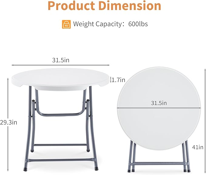 BOOSDEN 32'' Foldable Round Table, Portable Plastic Folding Card Table, Indoor Outdoor Utility Circle Folding Table for Party, Event, Camping, Picnic, Banquet, Beach, BBQ, Dining, Backyard