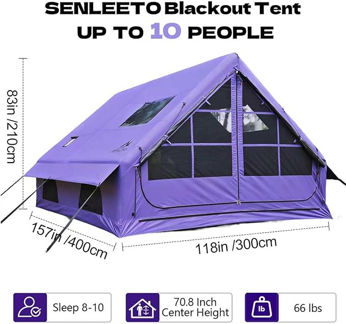 Inflatable Camping Tents 8-10 Person,129 Square Feets Large Inflatable Camping Tent with Stove Jack,Blow up Tent with Mesh Windows & Pump