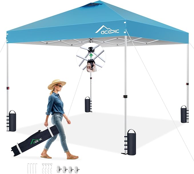 10x10 Pop Up Canopy Tent,300D Silver-Coating Top,Pop Up Canopy Tent Instant Portable Shelter with 1-Button Push and Wheel Carry Bag, 8 Stakes and 4 Upgraded Canopy Weights (Serene Blue, 10x10)
