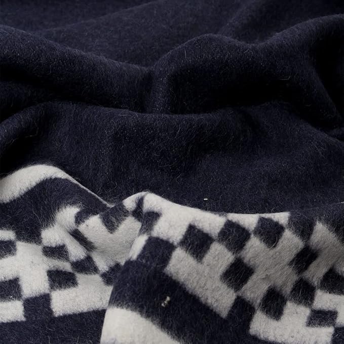 Inca Wall - Thick Alpaca Wool Blanket Heavyweight Camping Outdoors Indoors Soft Peru Twin Size Ethnic Design (Navy Blue/Ivory, Twin Size)