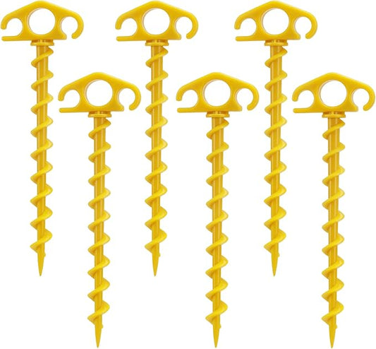 Tent Stakes Ground Anchors Screw in, 6 Pack Sand Stakes for Beach 9.4 Inch Heavy Duty Spiral Tent Pegs for Camping, Party, Hiking, Outdoor Decoration (6, Yellow)