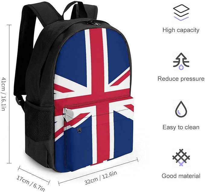 Men Women Lightweight British Uk Flag Daypack Bookbag Big Capacity Carry On Bag With Side Pockets for Camping Travel Bicycle