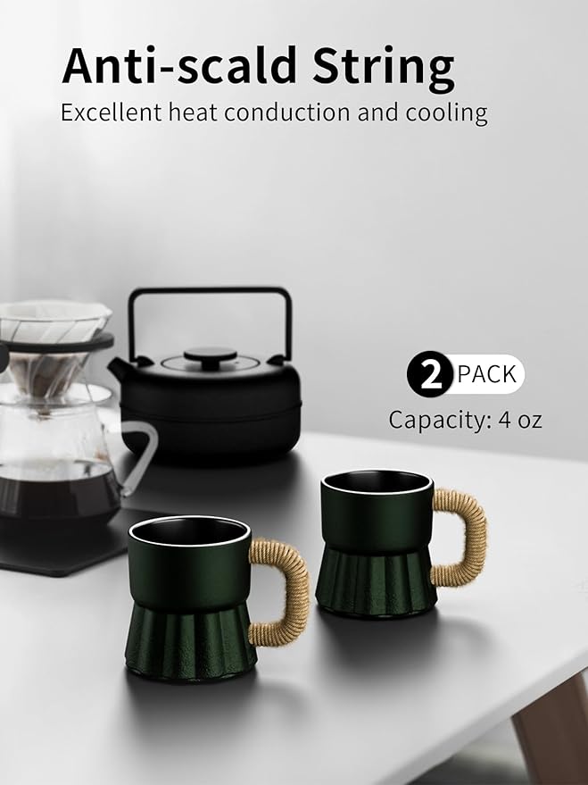 toptier 4 oz Tea Cups, Espresso Cups Set of 2, Mini Beer Mugs, Cast Iron Teacup for Tea, Coffee, Beer, Dark Green