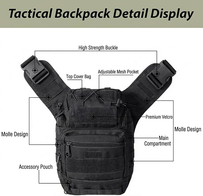 Tactical Backpack for Men，Military Sport Bag Pack Sling Shoulder Backpack Tactical Crossbody Bag EDC Molle Assault Range Bag Chest Pack for Hiking Camping Outdoor - Black