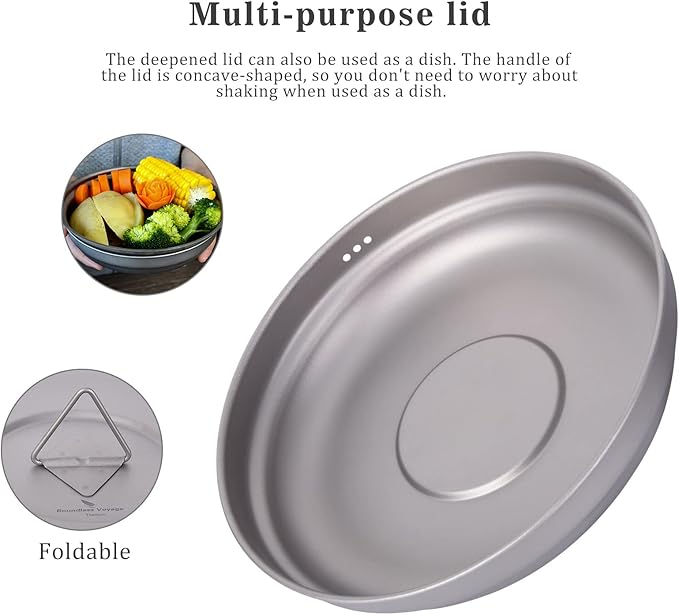 Boundless Voyage Multifunctional Titanium Steamer Pot with Frying Pan and Vented Lid Outdoor Camping Backpacking Kitchen