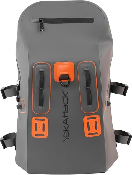 YakAttack 28L DryPak Waterproof Backpack - Grey/Orange | Floating Marine Dry Bag Pack with Padded Straps for Kayaking, Fishing & Hiking | 10" x 22" x 12" | Lightweight Outdoor Gear & Storage Drybag