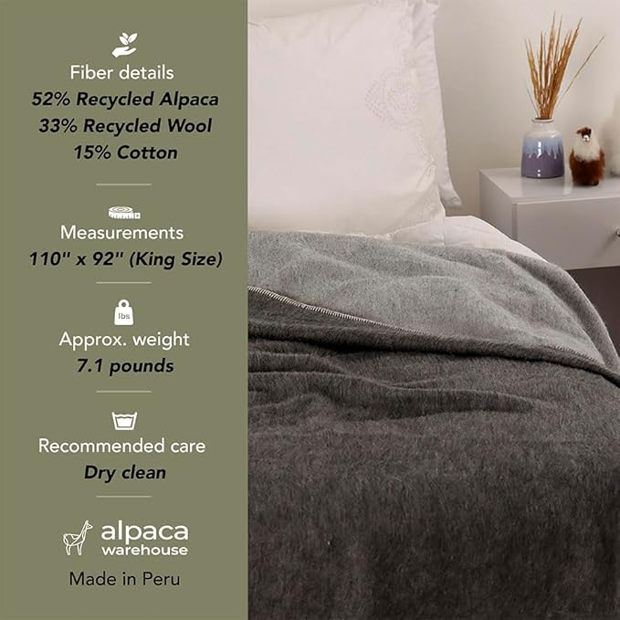 Thick Alpaca Wool Blanket – Heavyweight Alpaca Wool Blanket for Camping Outdoors or Using Indoors | Soft Peruvian Alpaca Wool Blankets (Dark Gray/Soft Gray, King)