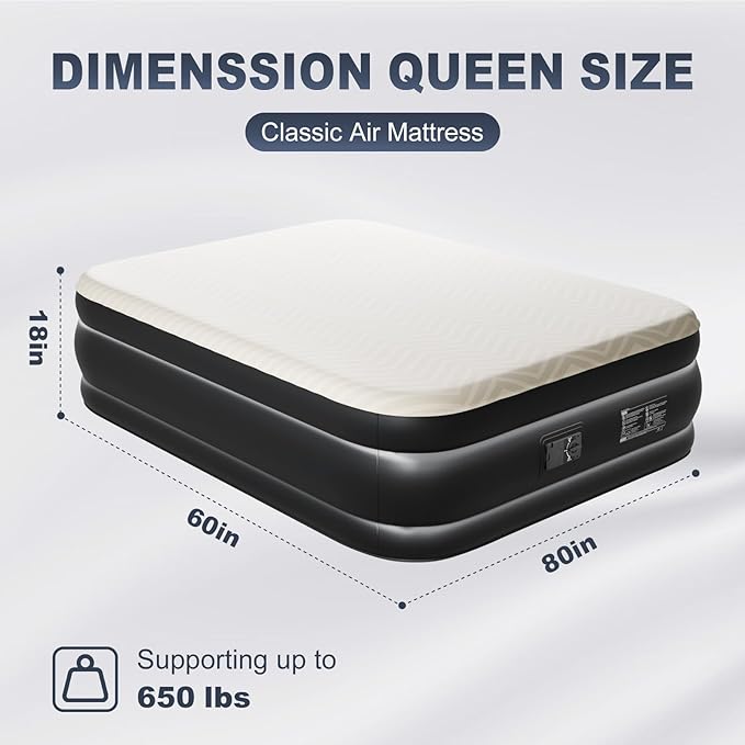 Outvita 18in Queen Air Mattress with Built-in Pump, Quick Assembly Comfort Blow Up Sleeping Mat for Guests and Home, Camping, Travel, Air Bed 650lbs Weight Capacity (80 * 60 * 18in)