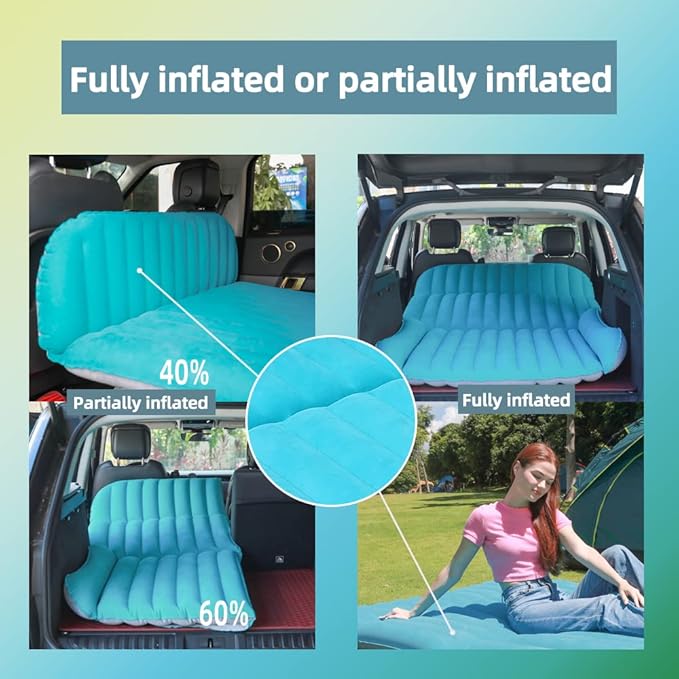 SUV Air Mattress Thickened and Double Side Flocked Travel Outdoor Mattress Back Camping Sleeping Pads for SUV Back Seat 4 Air Bags（Fruit Green and Space Gray）